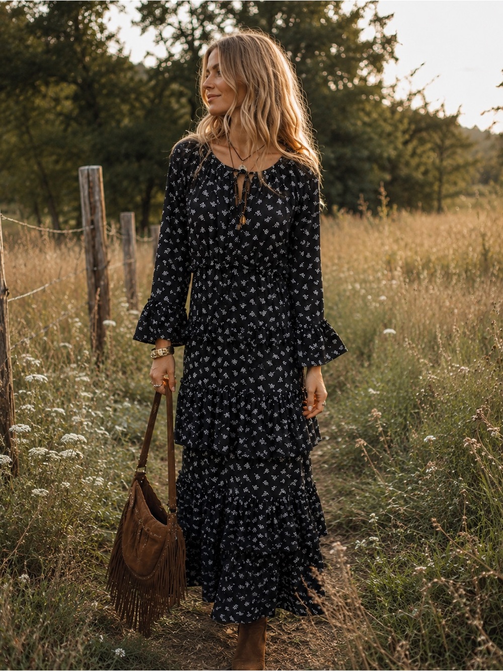 Black Floral Tie-Neck Tiered Midi Dress